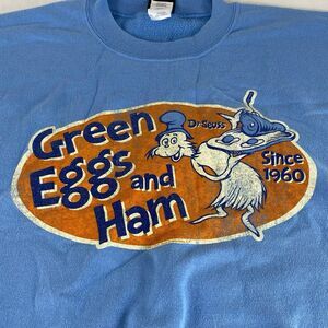 Vintage Dr. Seuss Green Eggs and Ham Long Sleeve Sweatshirt Size XL Baby Blue